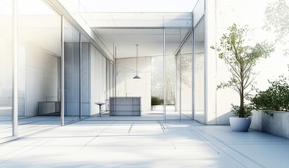 Aufkleber - Modern minimalist house design with glass walls, concrete floor, patio, and indoor plants.