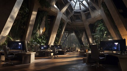 Leinwandbilder - Futuristic, indoor workspace with lush greenery and high-tech computers.