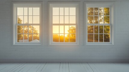 Aufkleber - Three windows in a bright room show a sunset view.