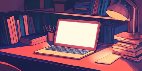 Poster - Cozy workspace with laptop, books, and desk lamp at night.