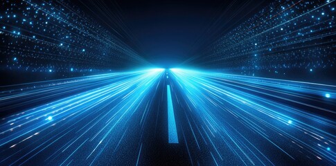 Aufkleber - Blue light beams speed along a road with digital lines and glowing dots, representing fast data transfer or internet connection, emphasizing business innovation and cyber security