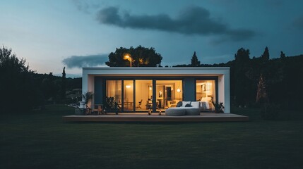 Aufkleber - Modern minimalist house at dusk, illuminated interior visible through large glass doors, outdoor deck, green lawn.