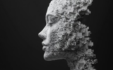 Poster - An abstract female face made of gray pixels isolated on a black background, representing an artificial intelligence concept. The AI head in the form of computer code features a digital texture
