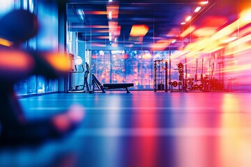 Wall Mural - Modern gym interior at night with colorful lighting and fitness equipment.