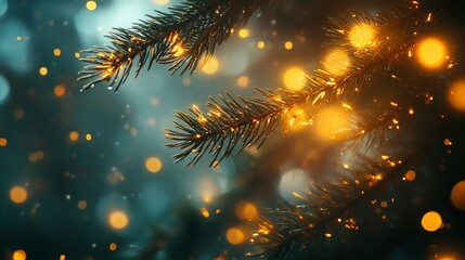 Poster - Illuminated pine branches with bokeh lights, creating a magical winter scene.