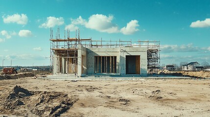 Aufkleber - Modern house under construction, scaffolding visible, sunny day.