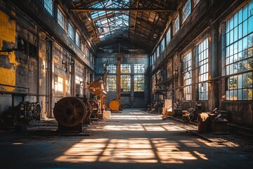 Poster - sunlit interior of abandoned industrial building with old machinery and large windows.