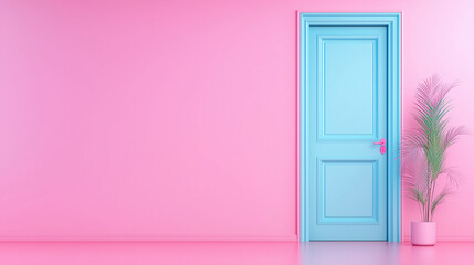 Minimalist interior design with blue door and pink wall. Vibrant backdrop with empty space for product photography