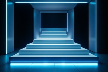 Poster - Futuristic white stairs with blue neon lights in a dark room.