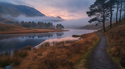 Fototapete - Misty sunrise over a calm lake with trees reflected in the water, a path leads through autumnal landscape.