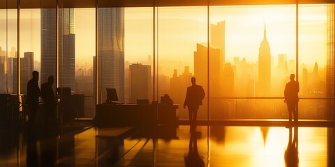 Aufkleber - Silhouetted businesspeople in a modern office overlooking a cityscape at sunrise.
