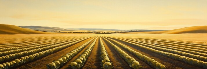 Poster - Golden hour sunlight illuminates rows of crops in a vast agricultural field.