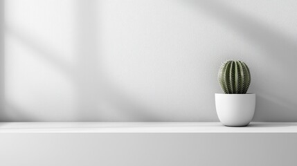 Poster - Minimalist scene small cactus in white pot on shelf against white wall with window light.