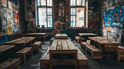 Poster - Rustic interior of a graffiti-covered cafe with wooden tables and benches.