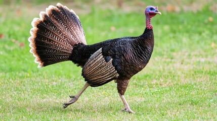 A wild turkey walking across a grassy area.