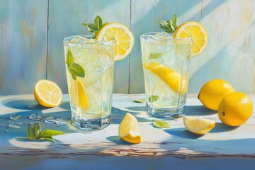 Sticker - Two glasses of refreshing lemonade with ice and lemon slices, garnished with mint leaves, on a rustic wooden table in bright sunlight.