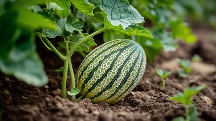 Poster - A small, green and white striped Piel de Sapo melon growing in a field.