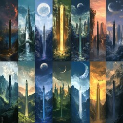 Poster - Fantasy landscape collage featuring majestic towers, waterfalls, celestial bodies, and diverse environments.