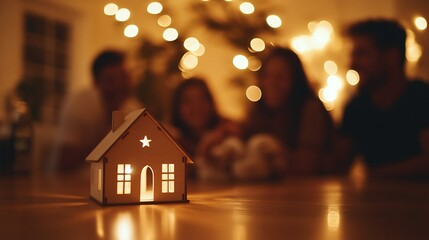 Poster - illuminated wooden house model on table with blurred family background during christmas.