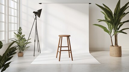 Poster - Minimalist photo studio setup with wooden stool, plants, lighting equipment, and white backdrop.
