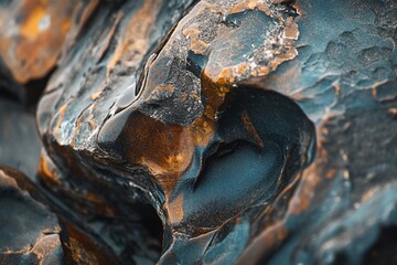 Fototapete - Close-up of dark, textured rock formations with orange and blue hues, showing intricate details and patterns.
