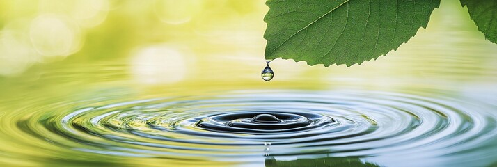 Poster - Water droplet falling from a leaf onto a still pond, creating concentric ripples.