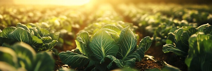 Poster - Golden hour sunlight illuminates a lush field of vibrant green cabbages growing in rich soil.