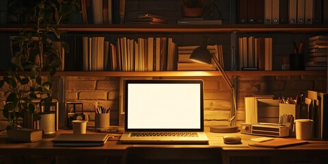 Aufkleber - Laptop on a desk at night, illuminated by a desk lamp, with bookshelves in the background.