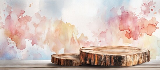 Aufkleber - Wooden display stands on a pastel watercolor background.