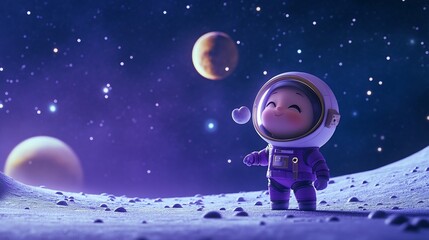 Poster - Adorable baby astronaut exploring a vibrant alien landscape, planets, and stars.