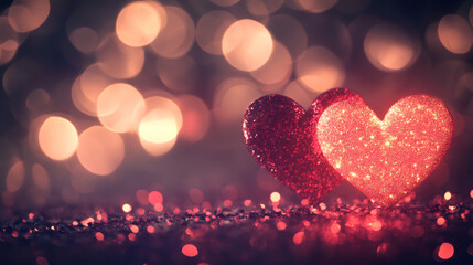 Aufkleber - Two red glittering hearts stand on a sparkling surface, creating a romantic Valentine's Day scene with a warm bokeh background