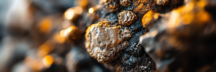 Fototapete - Close-up of textured, gold and grey rock surface with unique formations.
