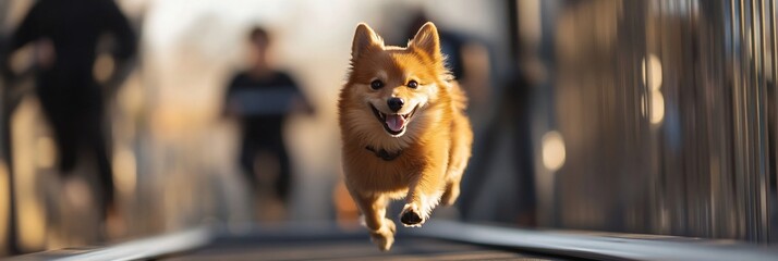 Aufkleber - Happy Pomeranian dog running towards the camera on a blurred background.