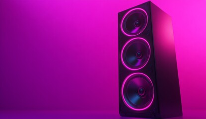 Poster - Black speaker with three woofers, illuminated by pink neon light against a purple background.