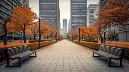 Aufkleber - Autumnal city park path with benches, orange leaves, and skyscrapers in background.