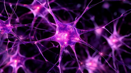 Poster - Microscopic view of interconnected neurons firing, glowing purple in the dark.