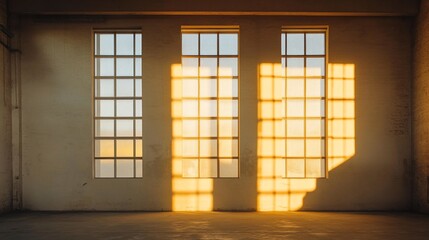 Poster - Sunlight streams through three large windows in an empty room, casting shadows on the wall.
