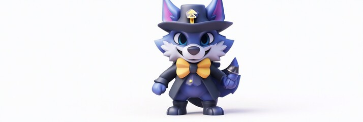 Poster - Cute 3D rendered cartoon wolf character wearing a hat and bow tie.