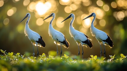 Aufkleber - four white and black birds standing in a row at sunset, backlit by golden bokeh.