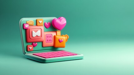 Aufkleber - 3D render of laptop with colorful love icons and hearts.