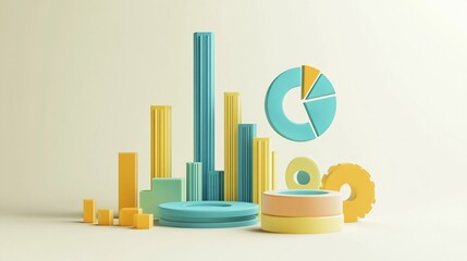 Poster - Pastel-colored 3D rendered charts, graphs, and diagrams on a beige background.