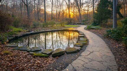 Poster - Serene sunset view of a stone-lined pond and winding pathway in a tranquil autumnal park.