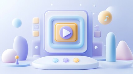 Poster - Play button interface design in pastel colors with 3D elements.