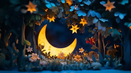 Aufkleber - Enchanting papercraft moonlit forest scene with glowing stars and flowers.