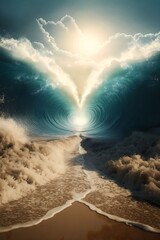 Sea parts allowing people pass. God divided the waters of the sea leaving  dry path in the middle. Jewish legend. Passover illustration concept. Shevi'i shel Pesach. The splitting of Sea occurred. 