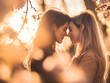 © Guilherme - Two women, a loving lesbian couple, embracing each other in a beautiful garden on Valentine's Day, their faces close and eyes locked with passion, surrounded by blooming flowers