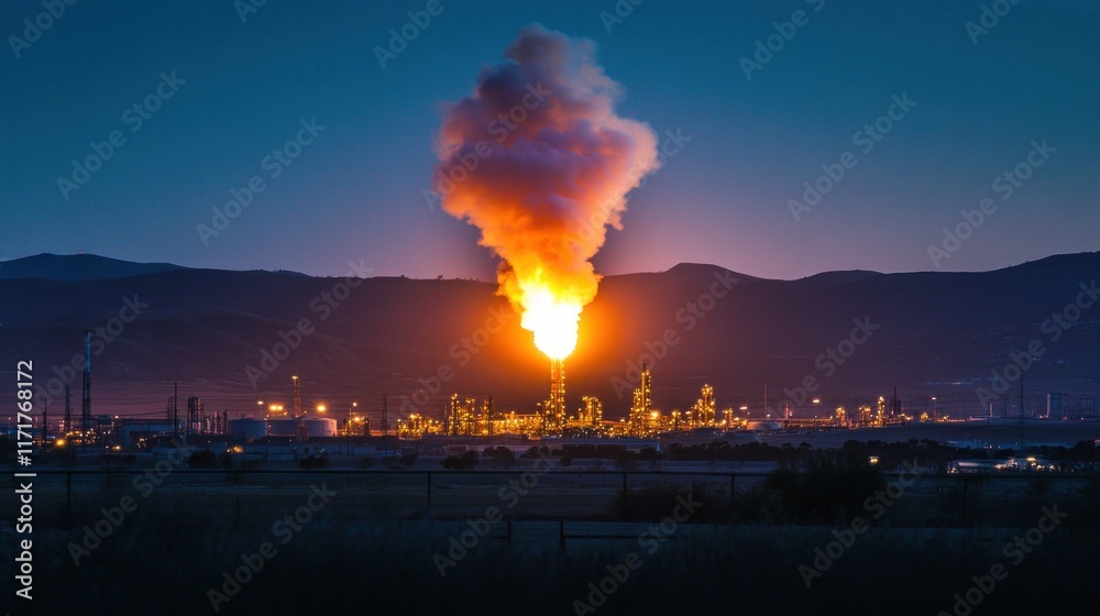 Glowing refinery flare stack at dusk with smoke plume against mountains ...