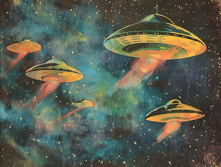 Retro space alien flying saucers zooming through outer space 1960s campy fun color tv show kids cartoon storybook vintage illustration style	