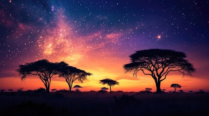 A sprawling savanna at dusk, with silhouettes of acacia trees against a colorful sky filled with stars emerging as daylight fades.