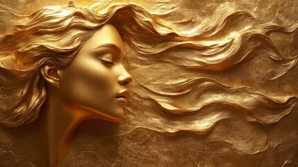 Wall Mural - Golden bas-relief sculpture of a woman's face with flowing hair.